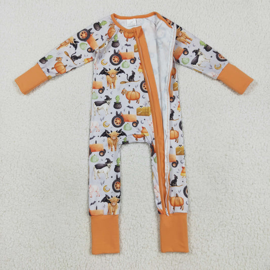 Baby Girls Farm Bats Pumpkins Halloween Zipper Footie Rompers