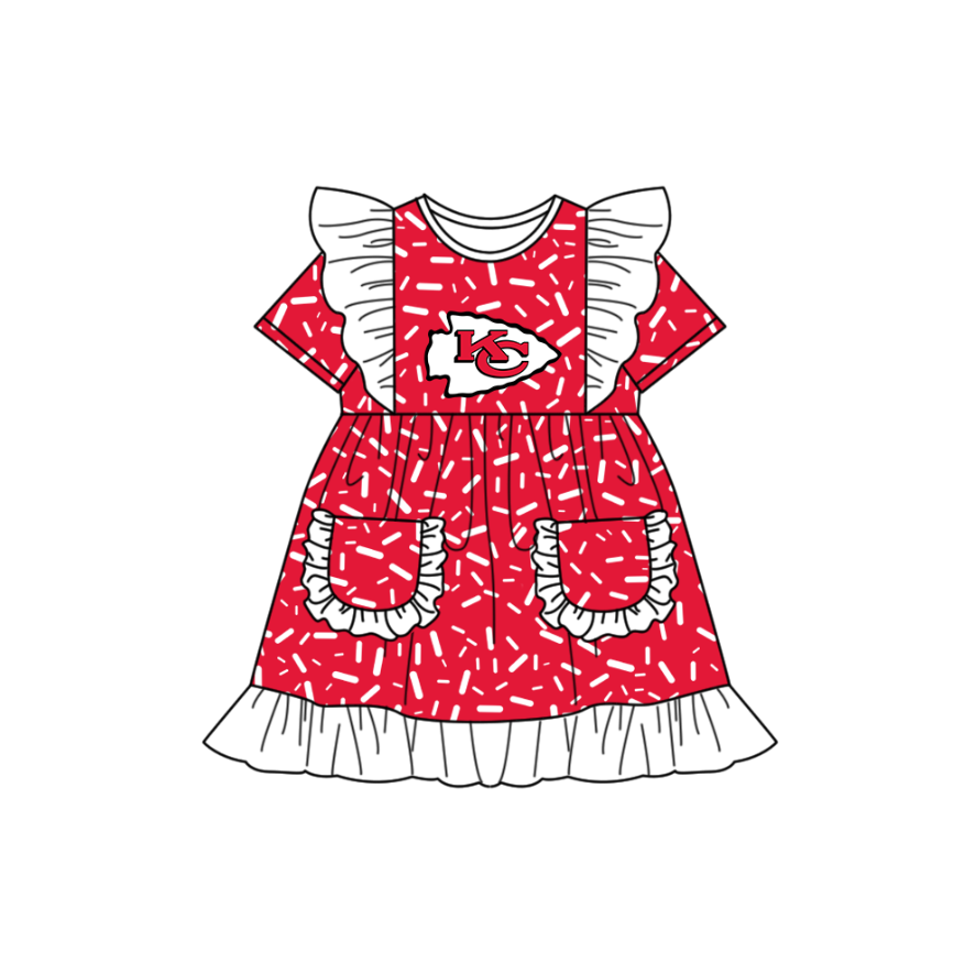 Preorder (moq 5)Baby Girls Flutter Short Sleeve Red Sprinkles KC Pockets Team Ruffle Knee Length Dresses
