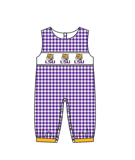 Preorder(moq 5)Baby Infant Boys LSU Tiger Team Purple Checkered Sleepers Rompers