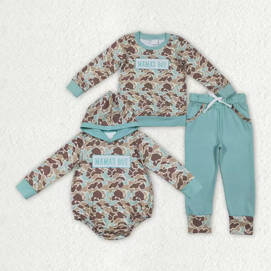 Sibling Baby Boys Embroidery Mama's Boy Green Camo Pockets Pants Clothes Sets Hoodie Romper