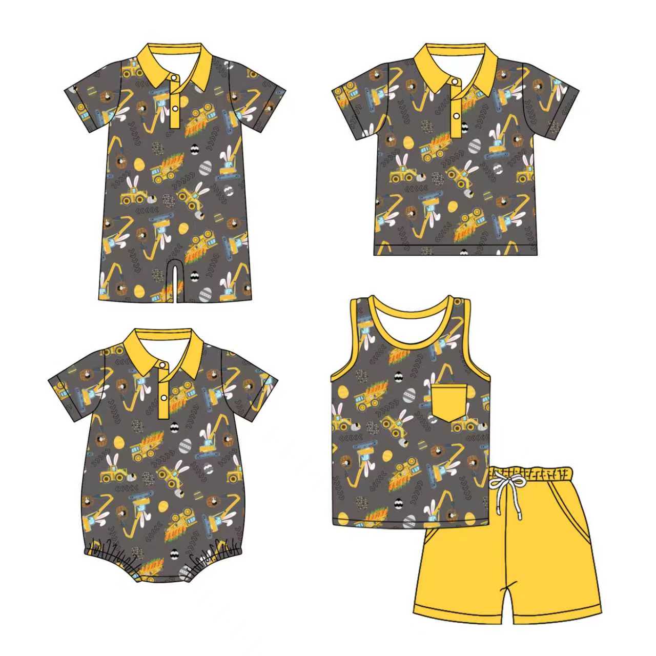 Preorder moq 5 (each item)Baby Boys Rabbit Egg Trucks Button Pocket Shorts Easter Clothes Set Polo Shirt Rompers