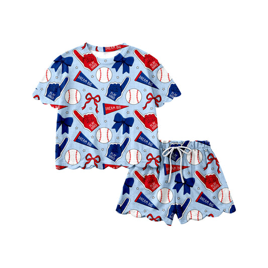 Preorder (moq 5)Baby Girls Bows Baseballs Top Scallop Shorts Team Clothes Sets