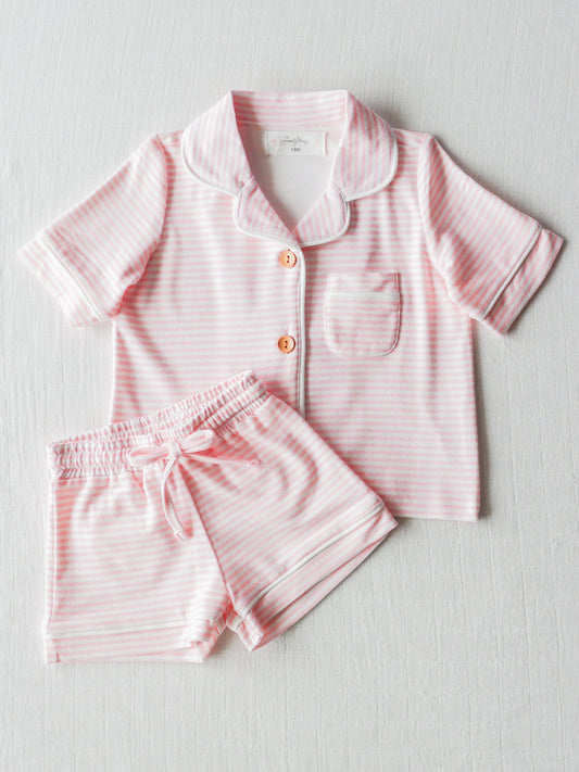 Baby Girls Pink Stripes Buttons Top Shirt Shorts Pajamas Clothes Sets preorder (moq 5)