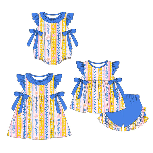 Preorder moq 5 Custom Baby Girls Floral Stripe Tunic Ruffle Short Set Knee Length Dress Romper