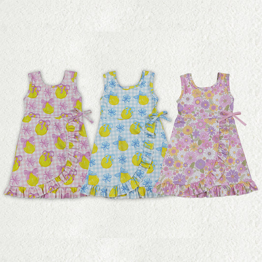 Sibling Baby Girls Pink Blue Checked Bows Lemons Yoga Active Shorts Knee Length Dress
