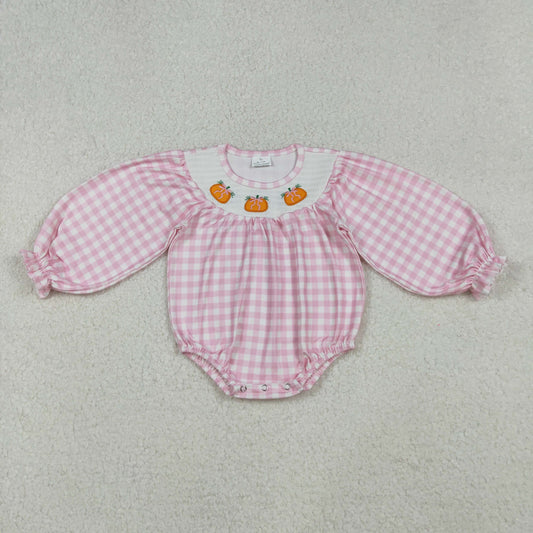 Smocked Pumpkins Baby Girls Pink Checked Fall Rompers