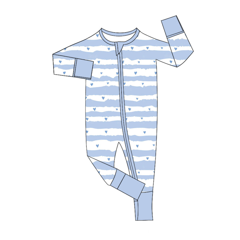 Baby Boys Blue Stripes Hearts Valentines Zip Rompers preorder(moq 5)