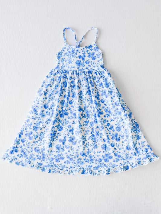 Baby Girls Blue Flowers Straps Maxi Dresses Preorder(moq 5)