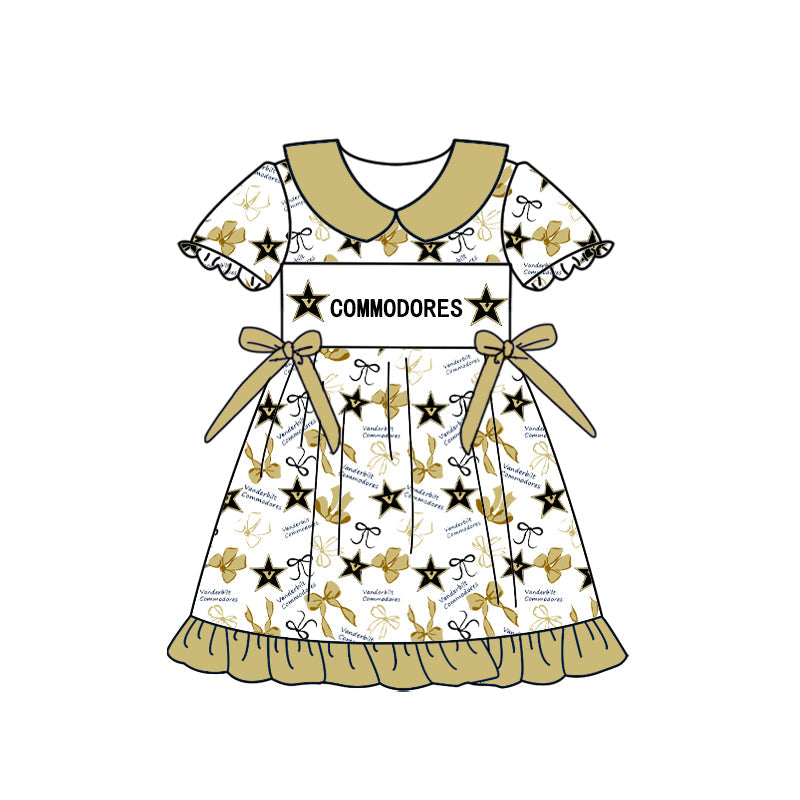 Preorder (moq 5)Baby Girls Vanderbilt Commodores Bows Collar Team Ruffle Knee Length Dress