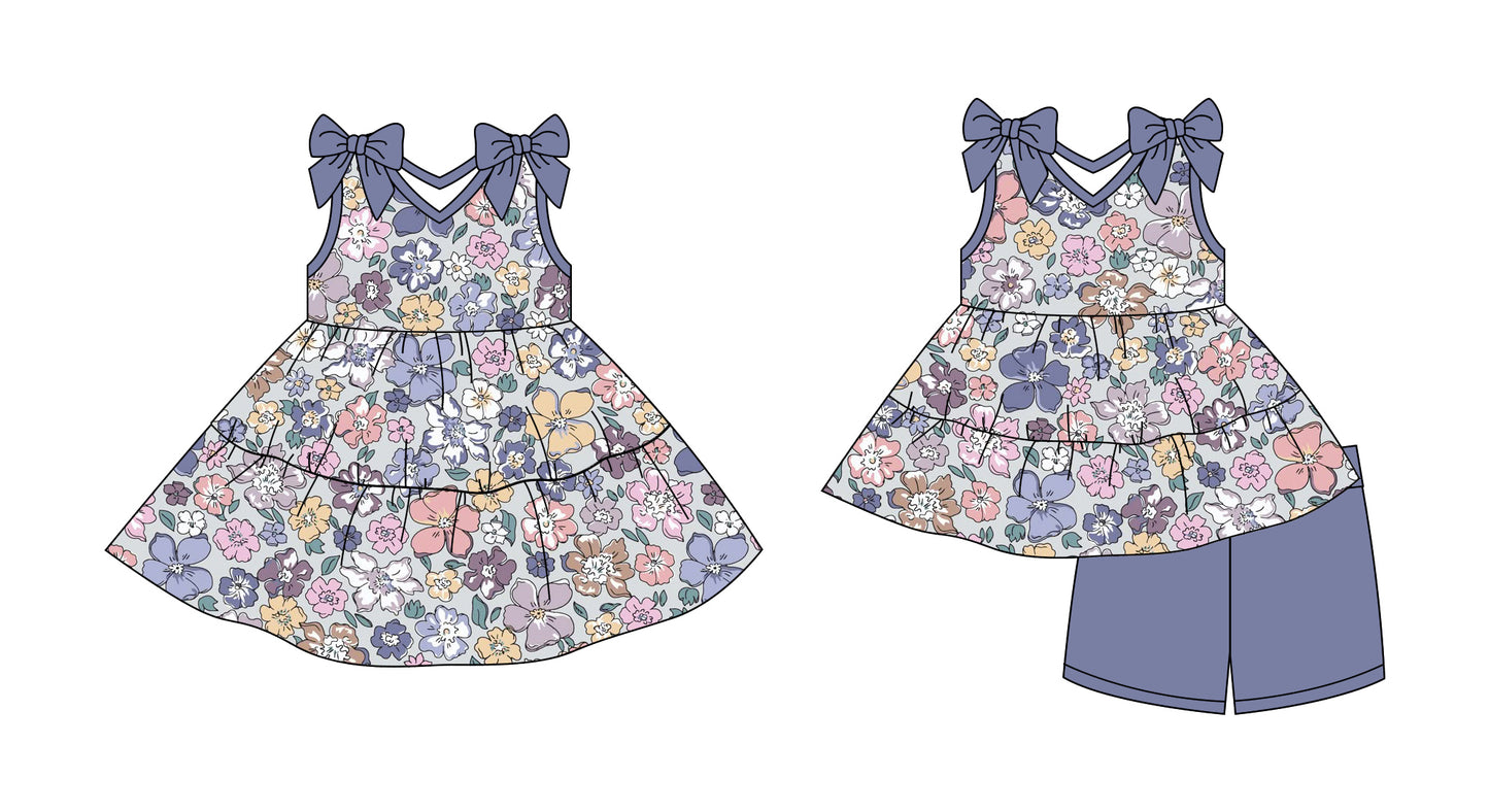 Preorder moq 5 Custom Baby Girls Gray Floral Tunic Short Set Knee Length Dresses