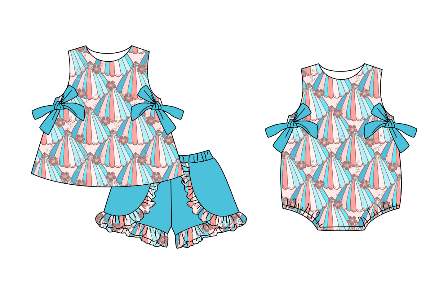 Preorder moq 5 Custom Baby Girls Sleeveless Shells Flowers Bows Tunic Blue Ruffle Short Set Rompers