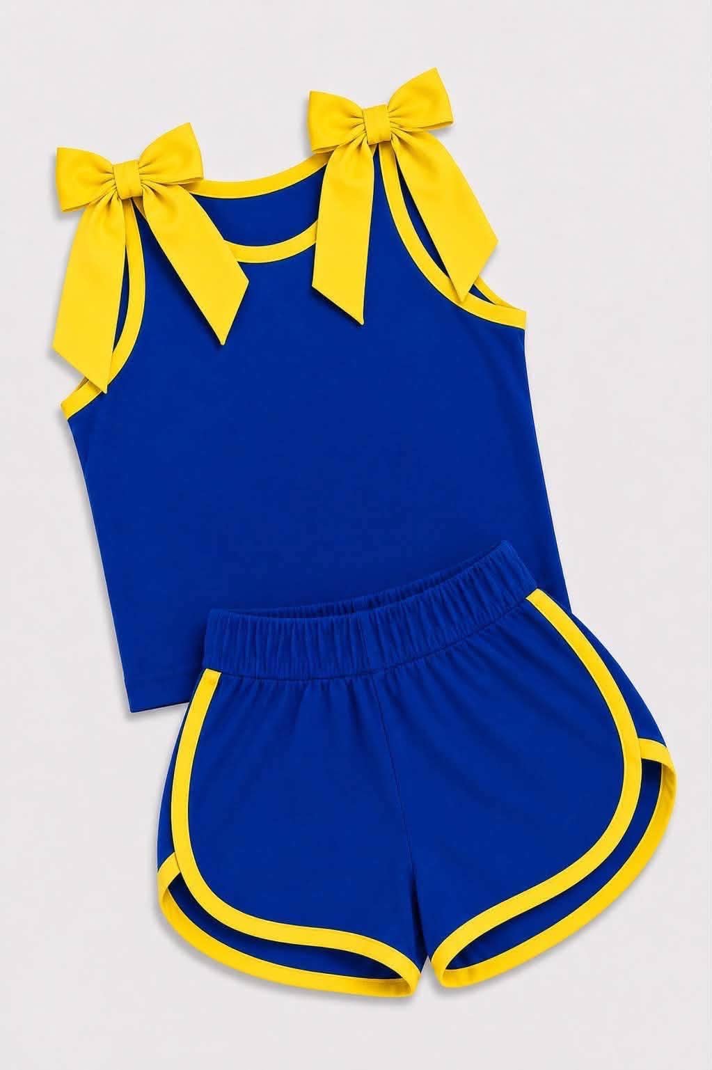 Preorder (moq 5)Baby Girls Blue Yellow Bows Sleeveless Top Shorts Team Clothes Sets