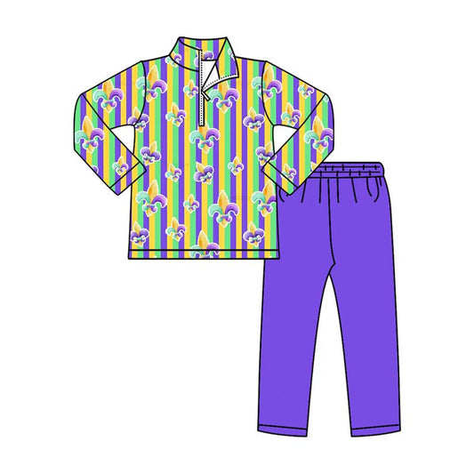Preorder(moq 8)Baby Boys Mardigras Anchors Stripe Zip Pullover Top Leggings Pant Clothes Sets