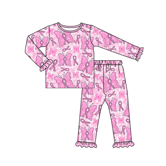 Baby Girls Pink Butterfly Shirt Ruffle Pants Pajamas Clothes Sets Preorder(moq 5)