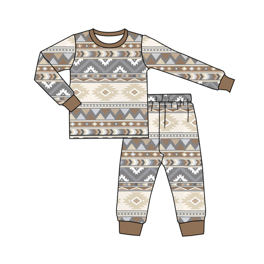 Baby Boys Western Grey Aztec Long Sleeve Tops Pants Pajamas Outfits Sets Preorder(moq 5)