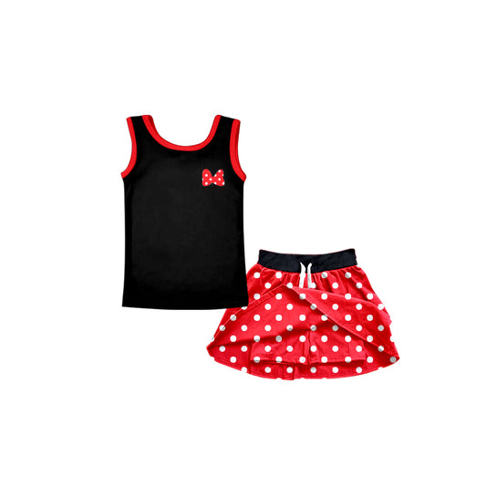 Preorder(moq 5)Baby Girls Black Bow Dots Sleeveless Tee Shirt Skorts Clothes Sets
