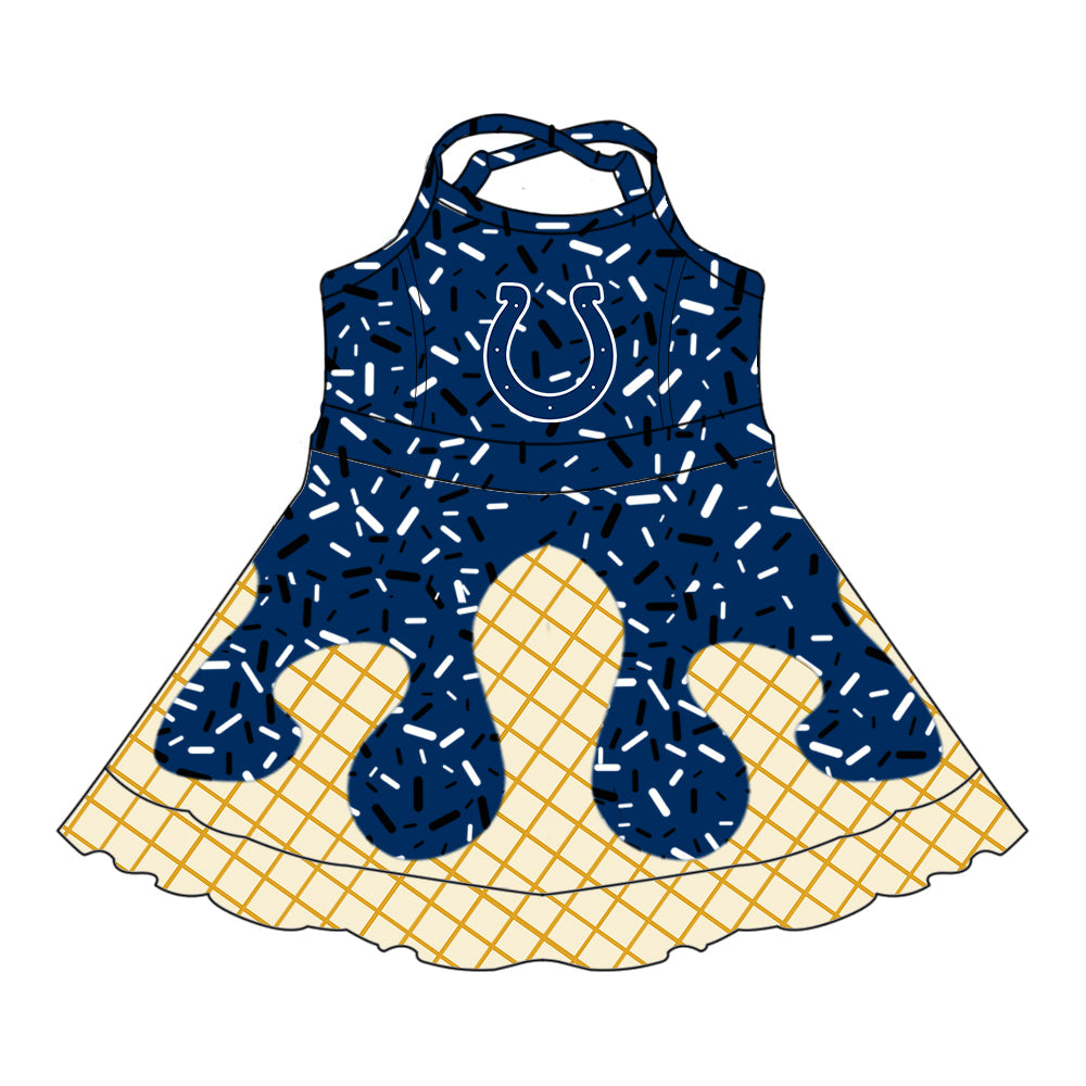 Preorder (moq 5)Baby Girls Drip Sprinkles Indianapolis Colts Team Shorts Ruffle Knee Length Dress