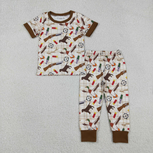 Baby Boys Khaki Checked Dogs Ducks Top Pants Hunting Pajamas Sets