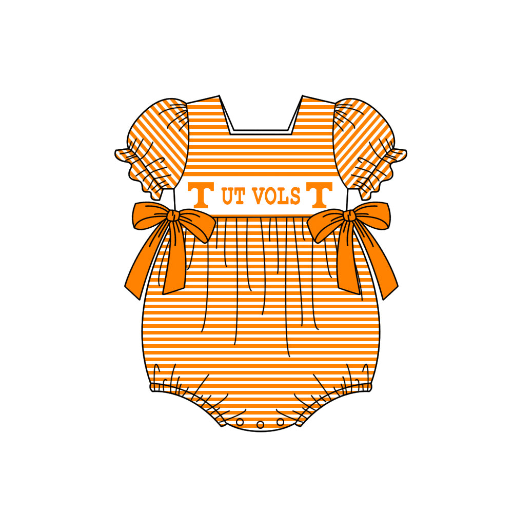 Preorder (moq 5)Baby Girls Orange Stripe T Ut Vols Team Ruffle Rompers