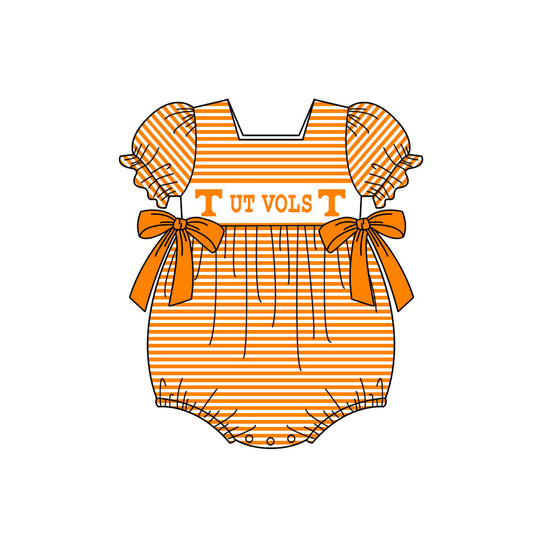 Preorder (moq 5)Baby Girls Orange Stripe T Ut Vols Team Ruffle Rompers