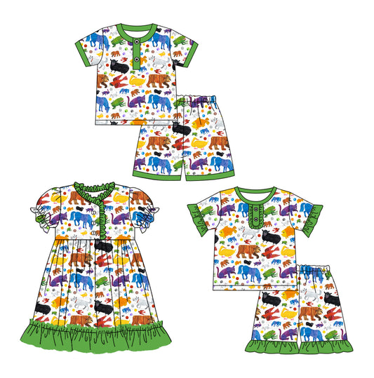 Preorder moq 5 Custom Baby Kids Colorful Animals Polka Dots Button Top Short Pajamas Sets Knee Length Dress