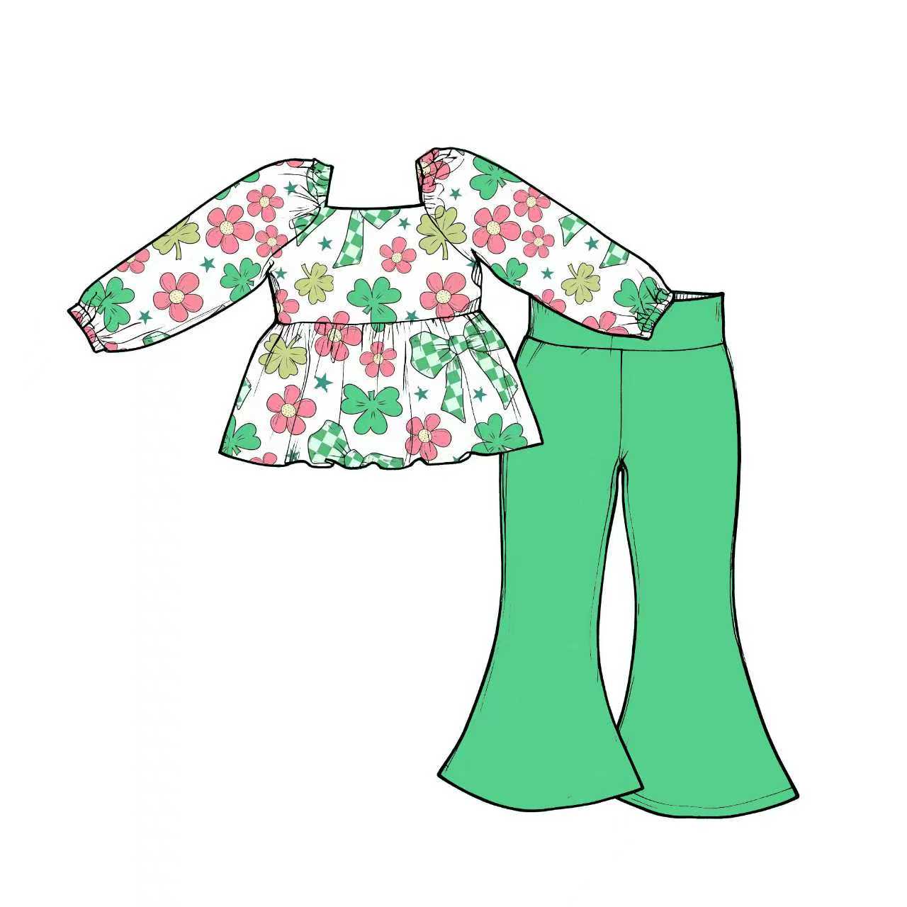 Preorder (moq 5)Baby Girls Clovers Flowers Tunic Bell Bottom Pants St Patrick Clothes Sets