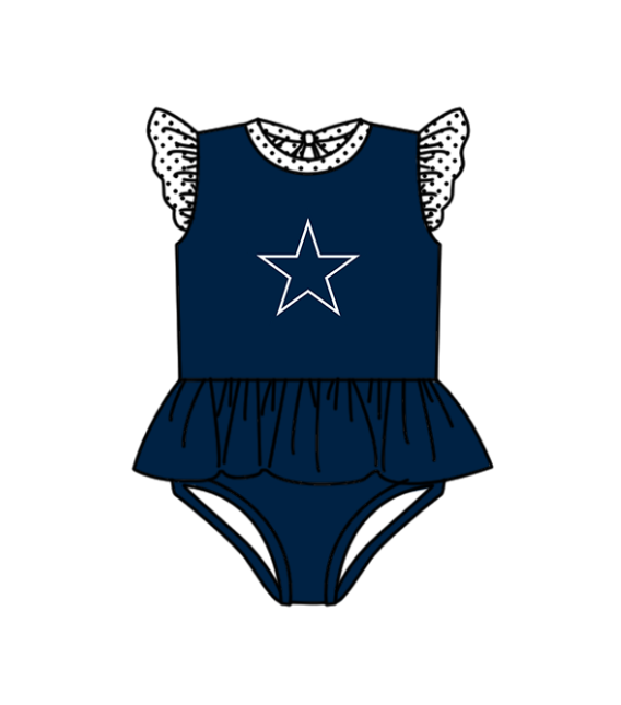 Preorder moq 5 Baby Girls Navy Stars Flutter Sleeve Team Swimsuits