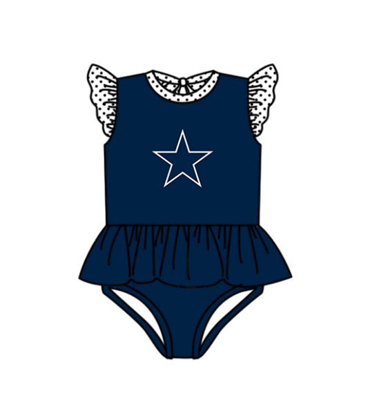 Preorder moq 5 Baby Girls Navy Stars Flutter Sleeve Team Swimsuits