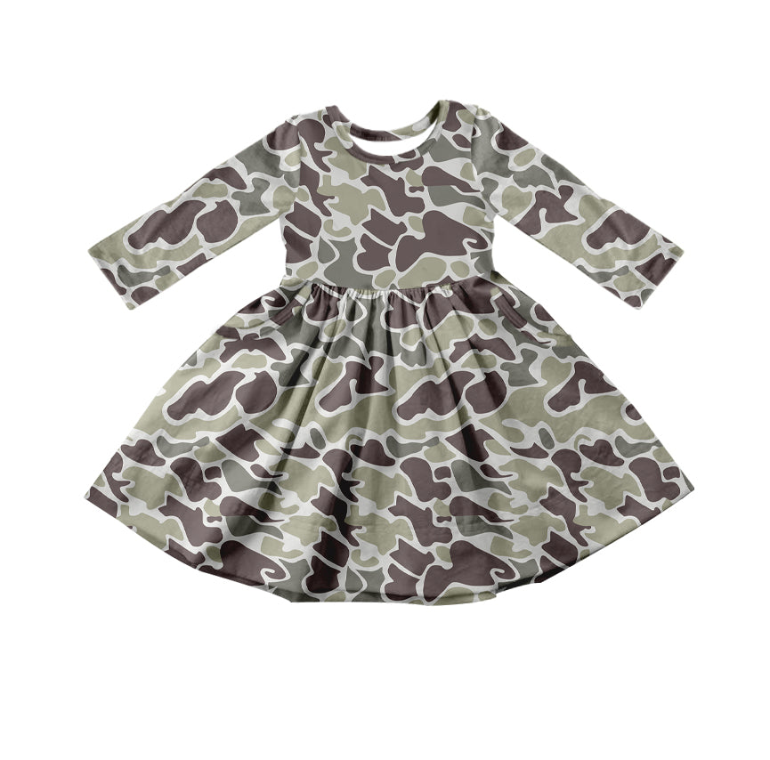 Baby Girls Fall Grey Camo Hunting Long Sleeve Knee Length Dresses Preorder(moq 5)