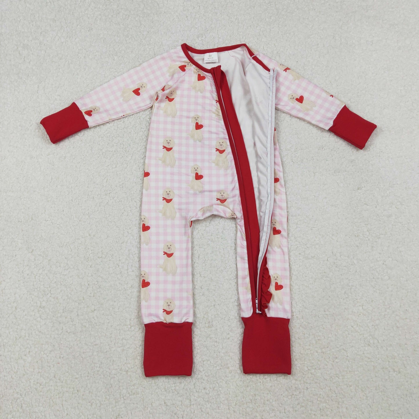 Baby Girls Pink Checked Dogs Hearts Valentine Ruffle Zipper Footie Romper