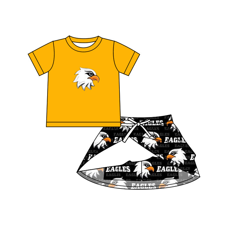 Preorder (moq 5)Baby Girls Gold Short Sleeves Eagle Top Skort Team Sets