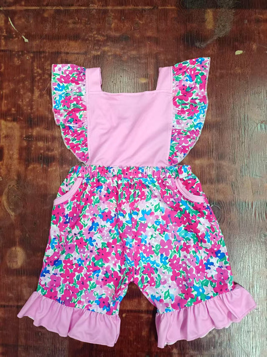Preorder moq 5 Baby Girls Flutter Sleeves Pink Floral Pockets Ruffle Jumpsuits