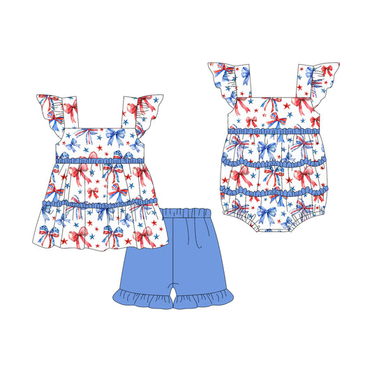 Preorder moq 5 Custom Baby Girls Flutter Sleeves Red Blue Bows Tunic Ruffle Short 4th Of July Set Rompers