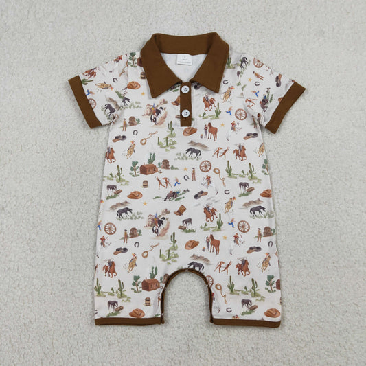 Baby Boys Button Horse Rodeos Cactus Western Short Rompers