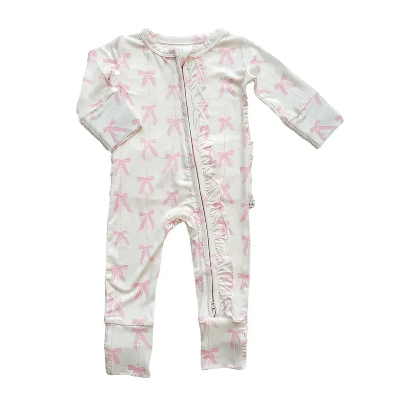 Preorder(moq 5)Baby Girls Pink Bows Plaid Ruffle Zipper Rompers