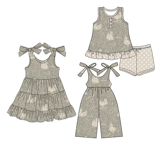 Preorder moq 5 Custom Baby Girls Gray Watercolor Ducks Floral Button Tunic Polka Dots Short Set Knee Length Dress Jumpsuits