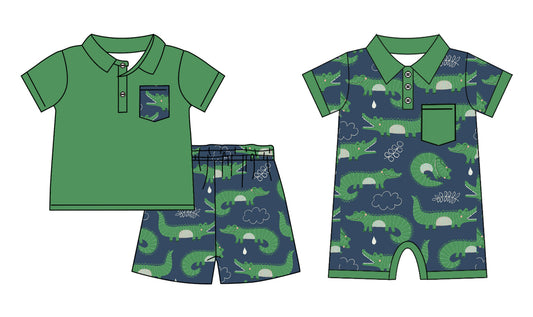 Preorder(moq 5 each)Baby Kids Boys Green Crocodile Pocket Top Shorts Rompers Clothes Sets