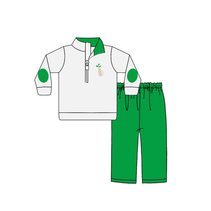 Baby Boys Golf Print Zip Top Green Pants Hunting Outfits Clothes Sets preorder(MOQ 5)