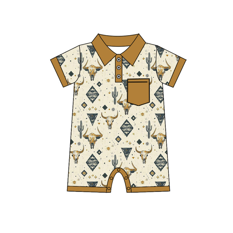 Preorder(moq 5)Baby Infant Boys Western Wild Cow Cactus Buttons Sleepers Rompers