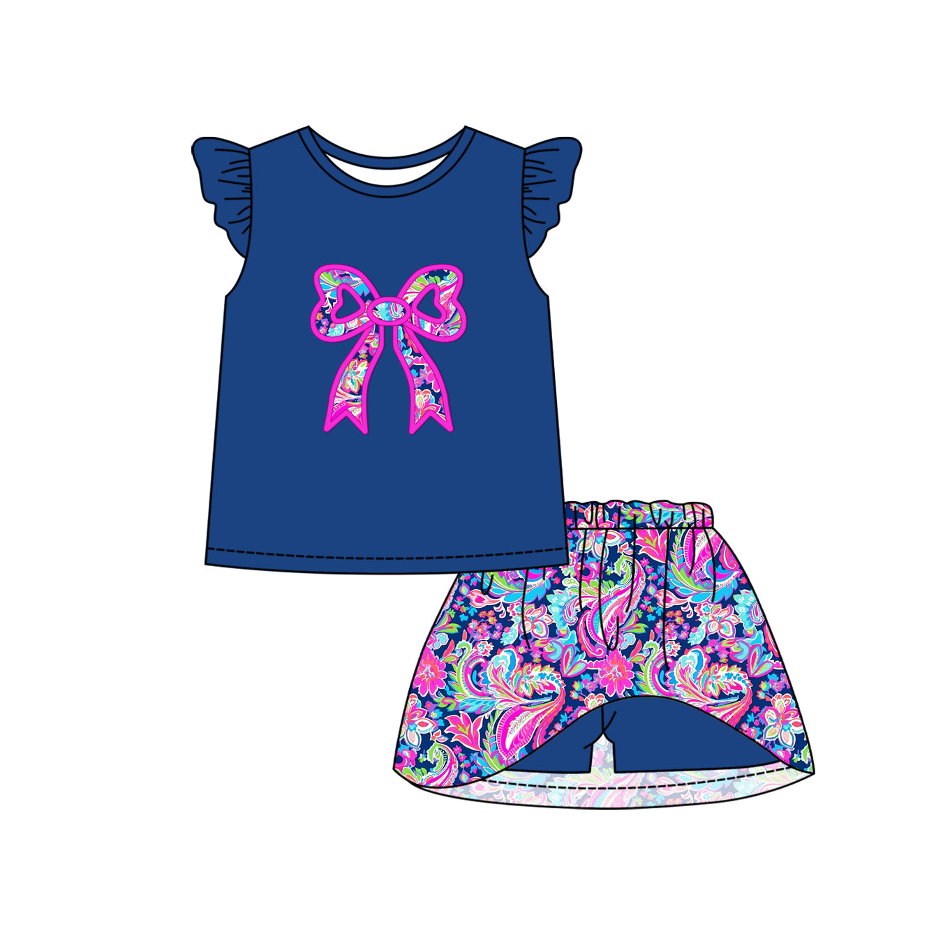 Preorder (moq 5)Baby Girls Navy Bow Print Shirt Flowers Shorts Skirts Outfits Clothes Sets