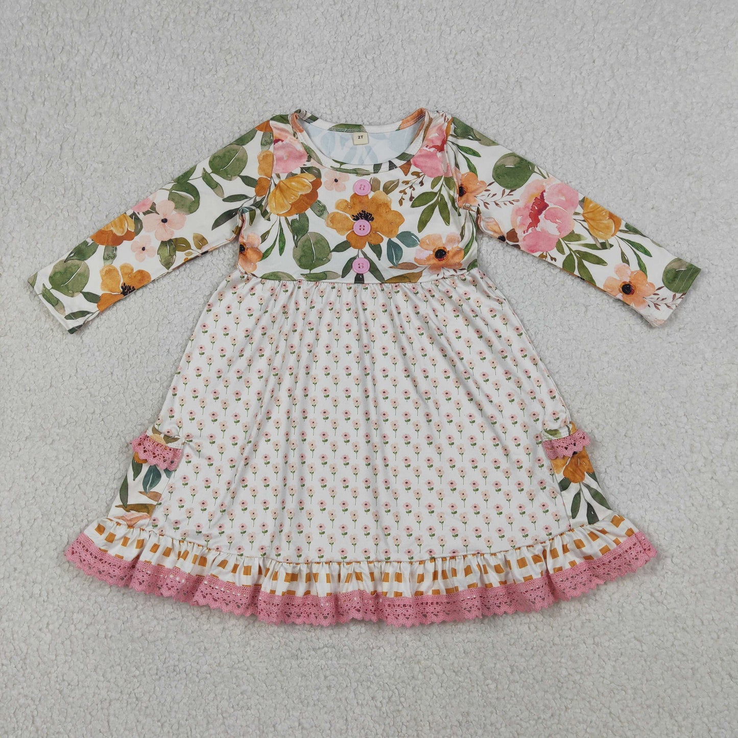 Baby Girls Long Sleeve Flowers Button Pockets Ruffle Knee Length Dresses