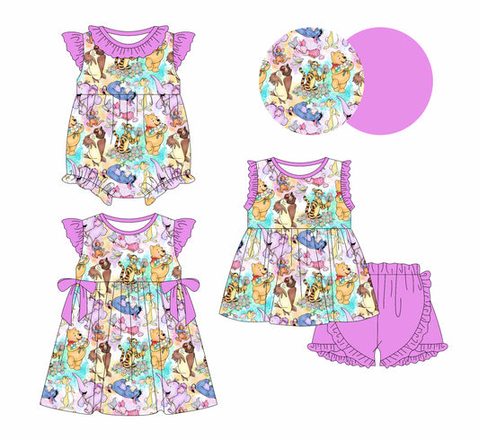Preorder moq 5 Custom Baby Girls Cartoon Bears Tunic Ruffle Short Set Knee Length Dress Romper