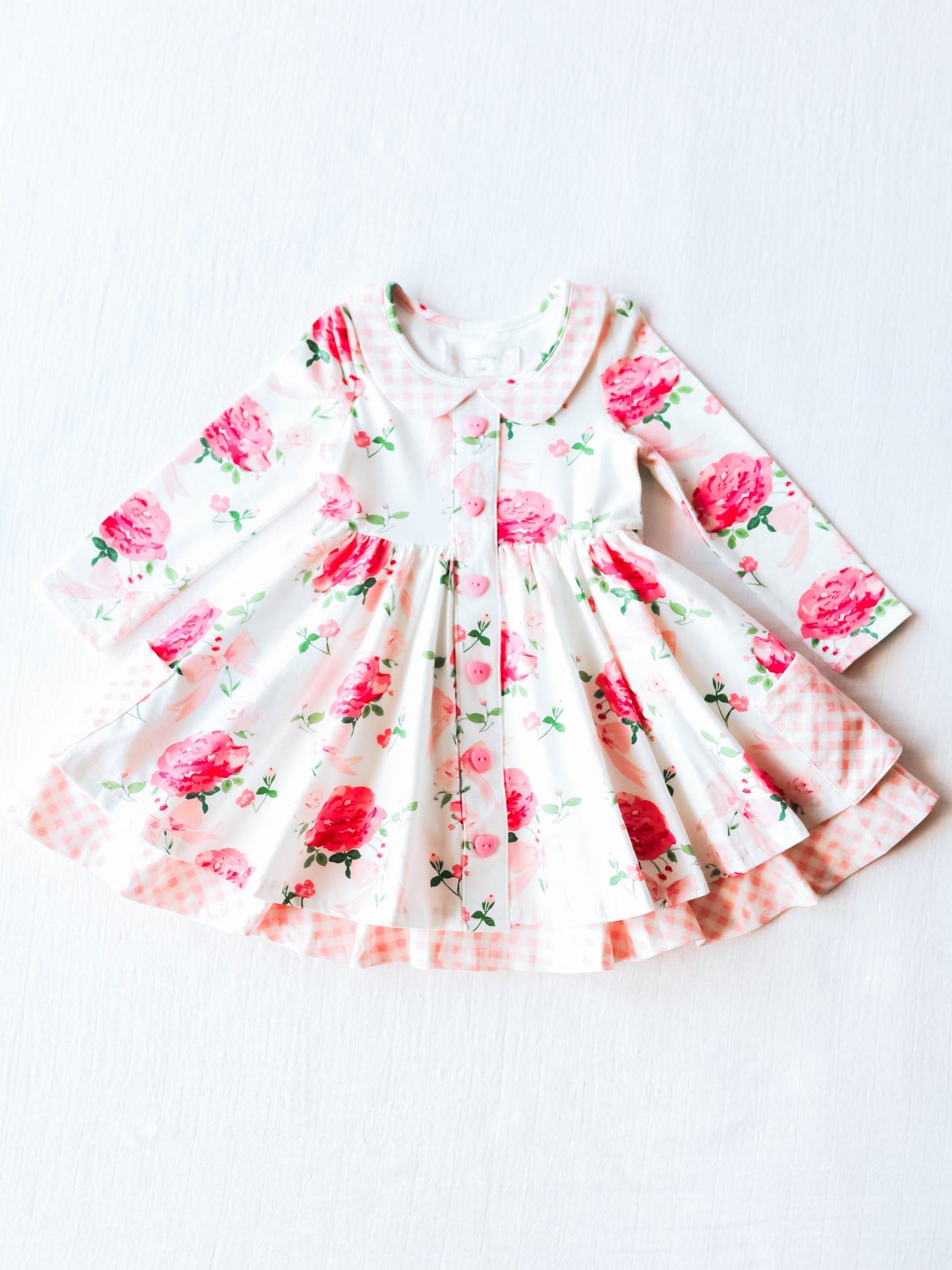 Baby Girls Pink Flowers Ruffle Pockets Knee Length Dresses Preorder(moq 5)