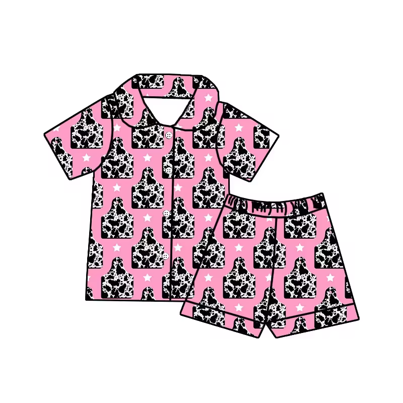 Baby Girls Western Cow Tag Buttons Shirt Shorts Pajamas Clothing Sets Preorder(moq 5)