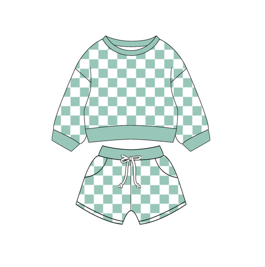 Baby Girls Light Green Checkered Top Shorts Clothes Sets preorder(MOQ 5)