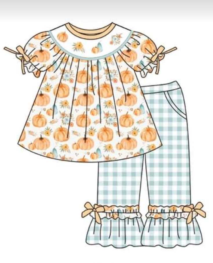 Baby Girls Pumpkin Bows Top Ruffle Pants Clothes Sets Preorder(moq 5)