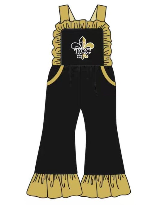 Preorder moq 5 Baby Girls Black Strap Ruffle Saints Team Jumpsuits