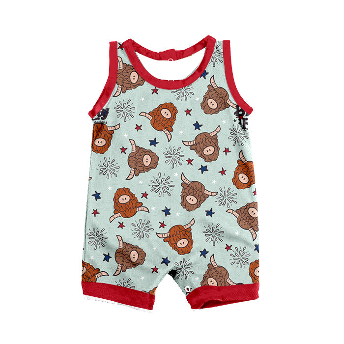 Baby Girls 4th Of July Sleeveless Highland Cows Rompers preorder