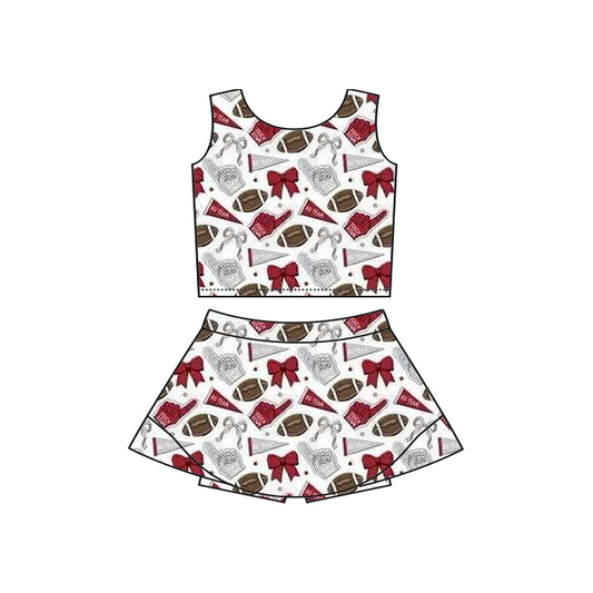 Preorder moq 5 Baby Girls Sleeveless Gray Red Football Cheer Plaid Vest Top Skorts Team Set