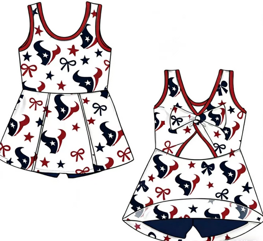 Preorder (moq 5)Baby Girls Houston Texans Stars Team 4th of July Shorts Knee Length Dress